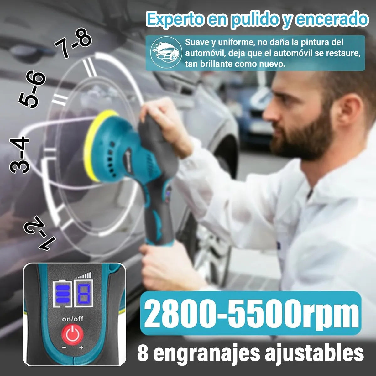 Pulidora Multiuso para Autos | 8 Velocidades, Doble Batería y Cargador
