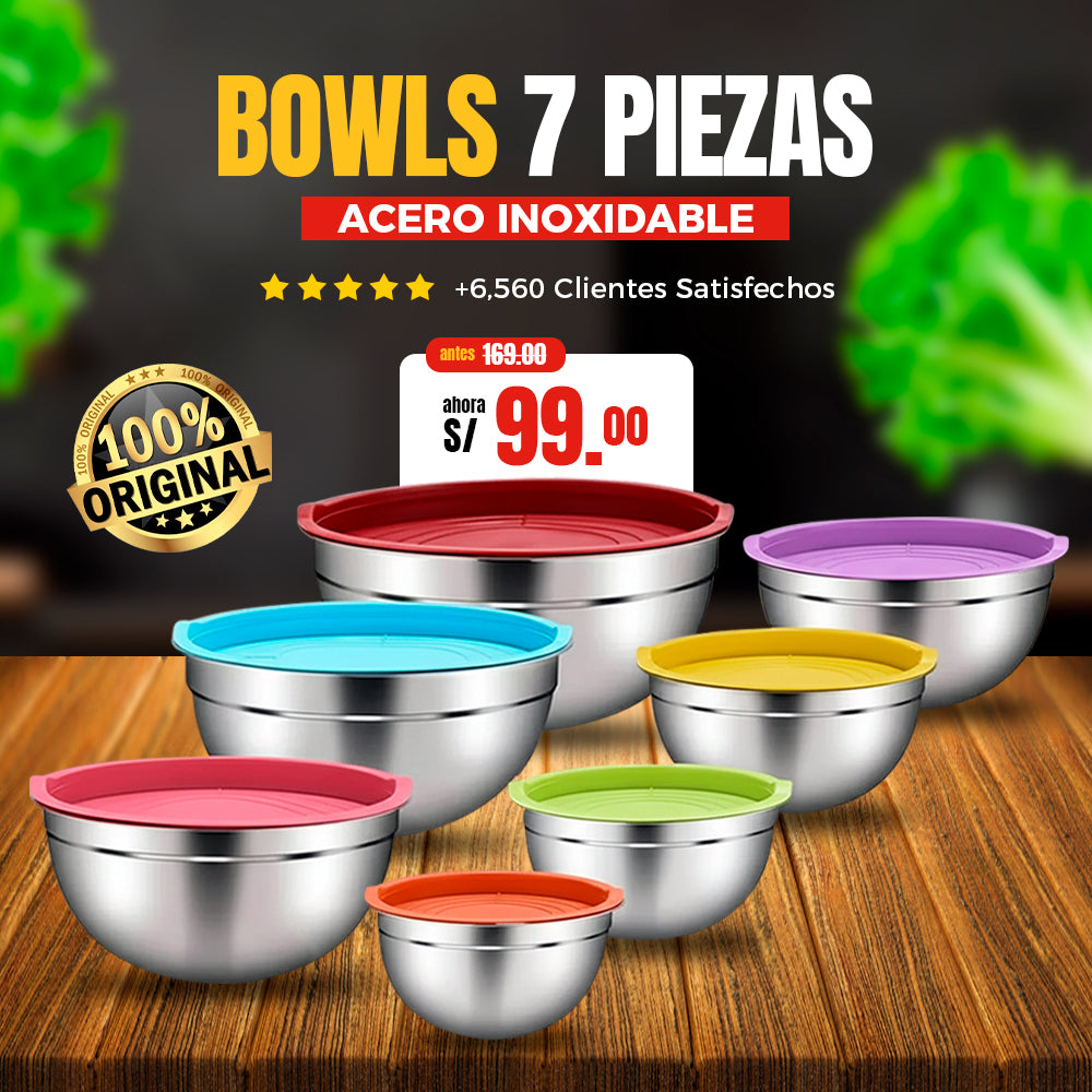 🥗 Set de 7 Bowls de Acero Inoxidable con Tapas Herméticas 🎁