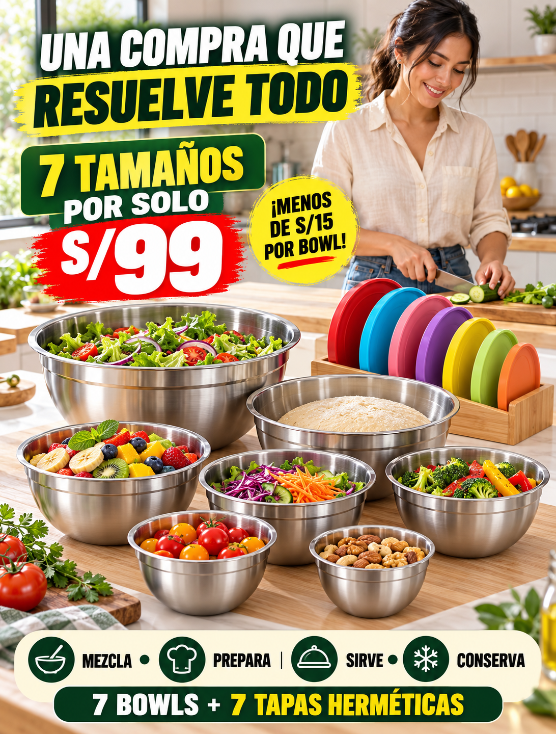 BowlPro 7™ — Set de Bowls de Acero Inoxidable con Tapas Herméticas