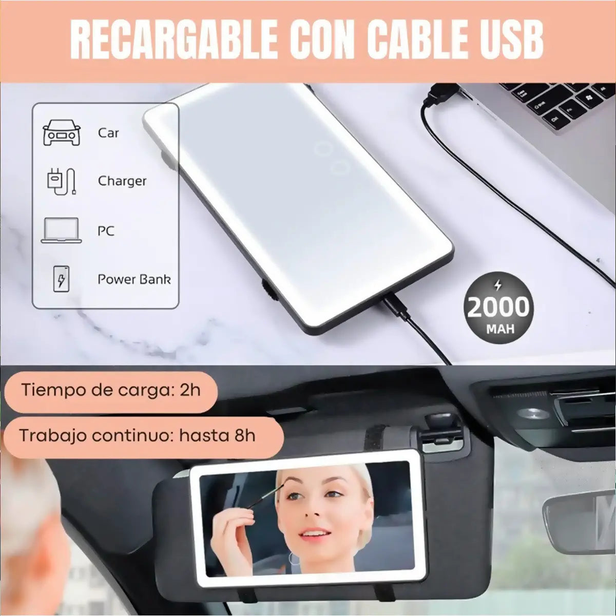 🎁 Espejo Tocador con Luces LED para Carro 💋💄