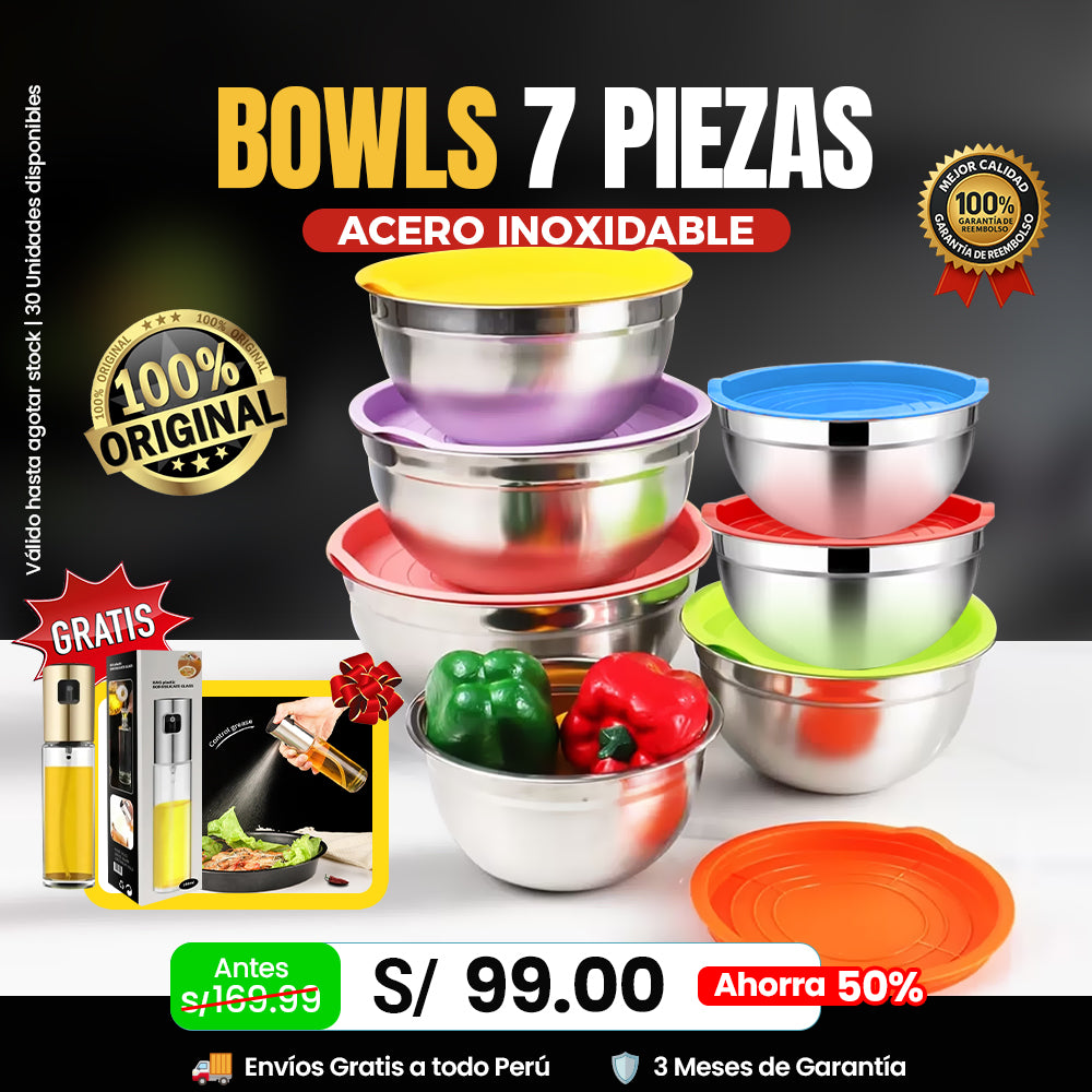 🥗 Set de 7 Bowls de Acero Inoxidable + Regalo 🎁