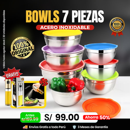 🥗 Set de 7 Bowls de Acero Inoxidable con Tapas Herméticas 🎁