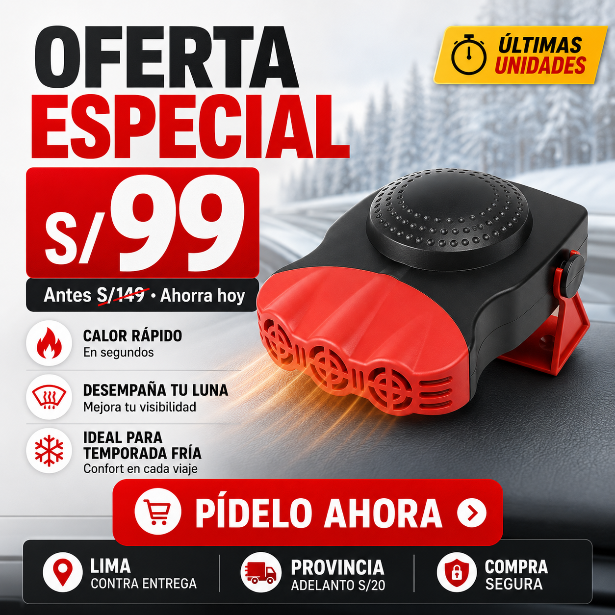 Calefactor De Auto 2 En 1 Ventilador Y Calefactor 200w