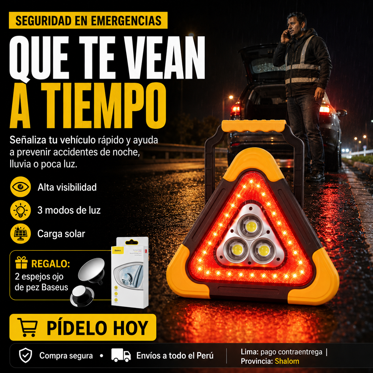 Triangulo de seguridad con panel solar + Regalo 🎁