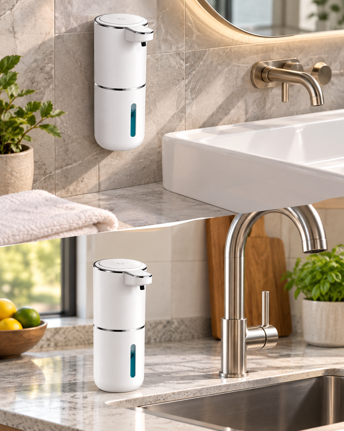 Dispensador automático instalado en pared y colocado sobre una encimera