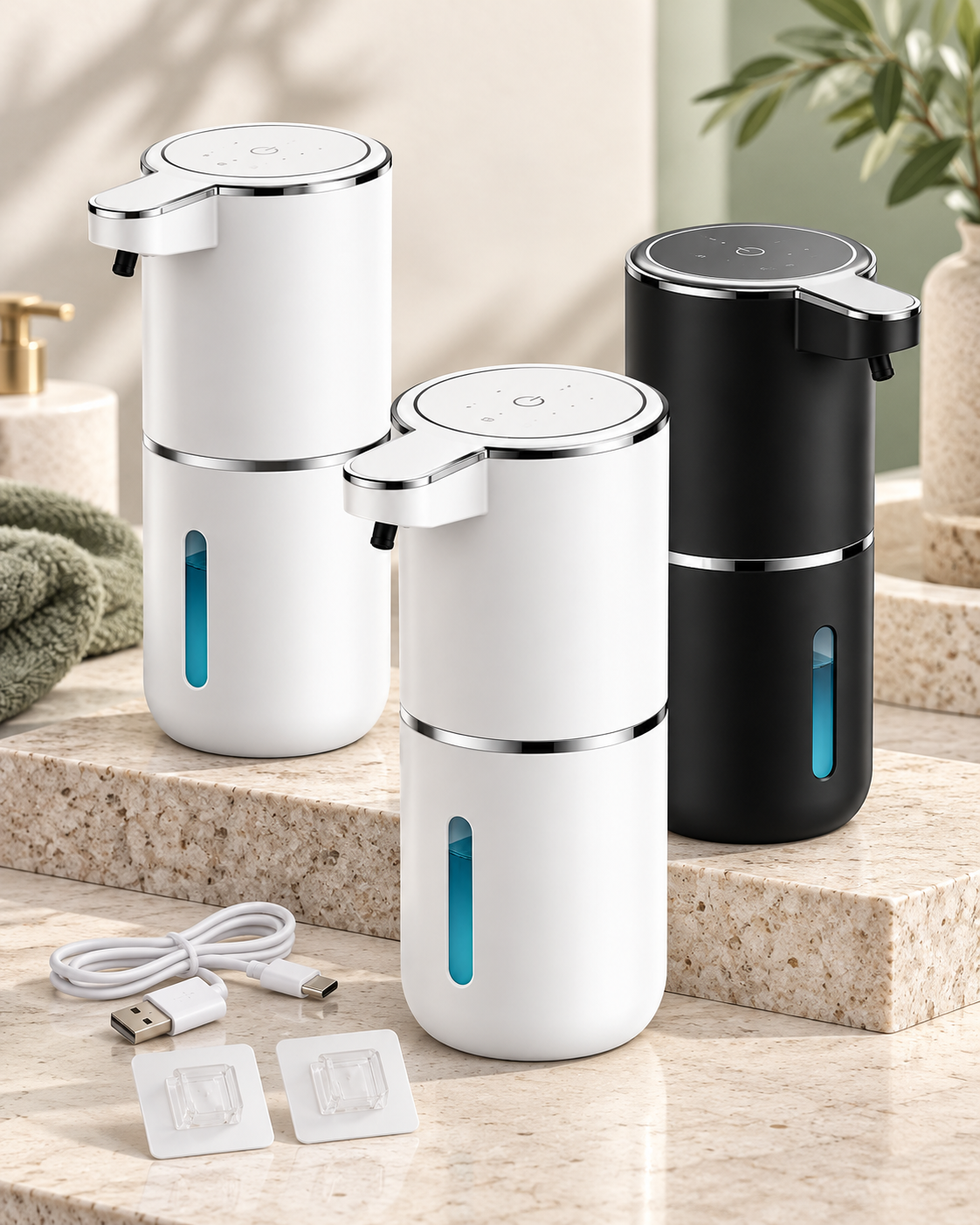 Tres dispensadores automáticos con cable de carga y adhesivos de montaje